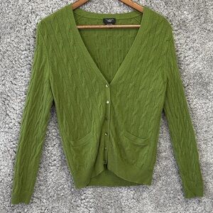 Talbots Pure Cashemere Green Cable Knit Cardigan Sweater Small Petite